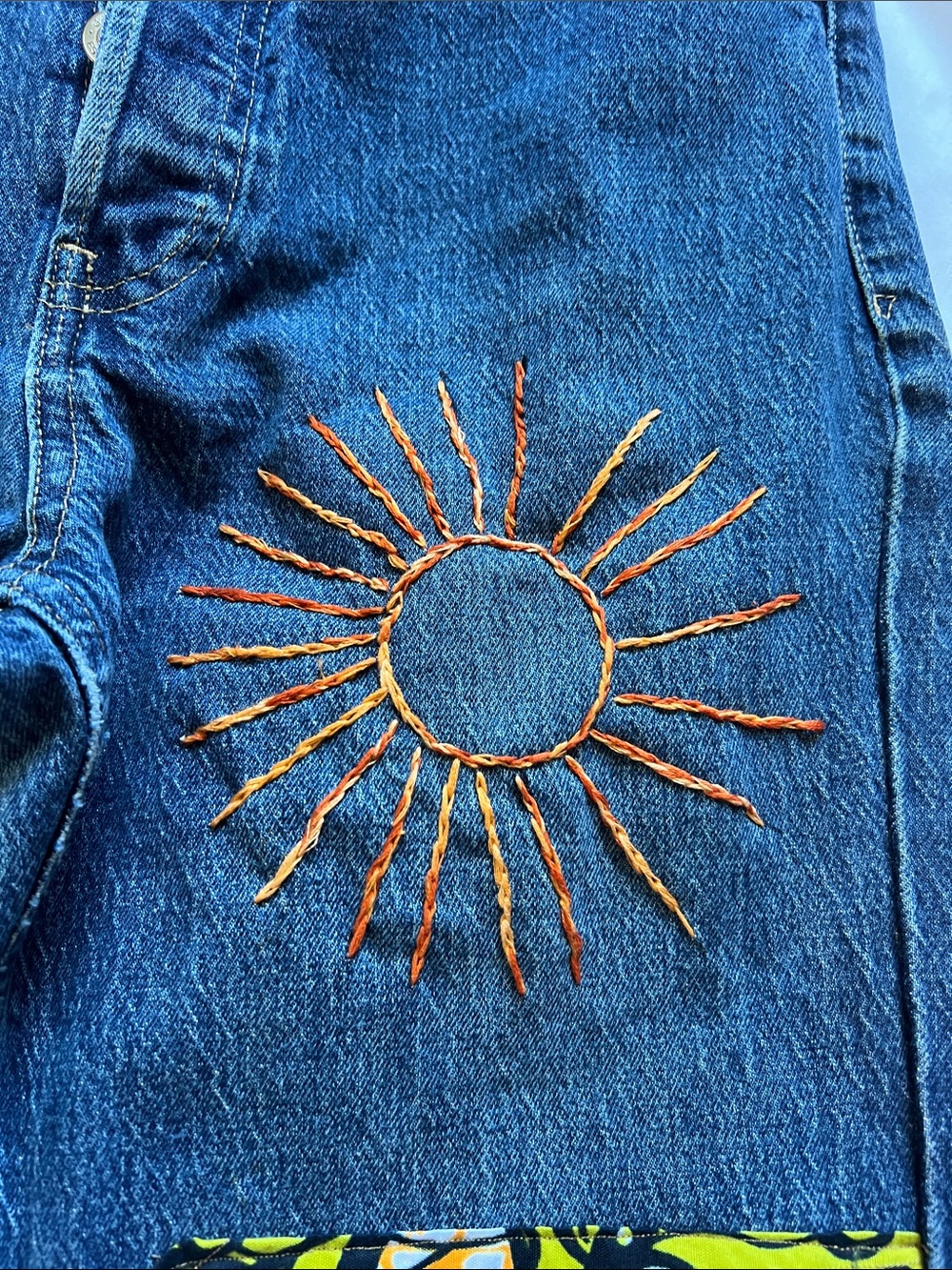 Upcycled BohoEmbroidered Sun & Patchwork Dark Blue Denim Jeans - Picture 2 of 12